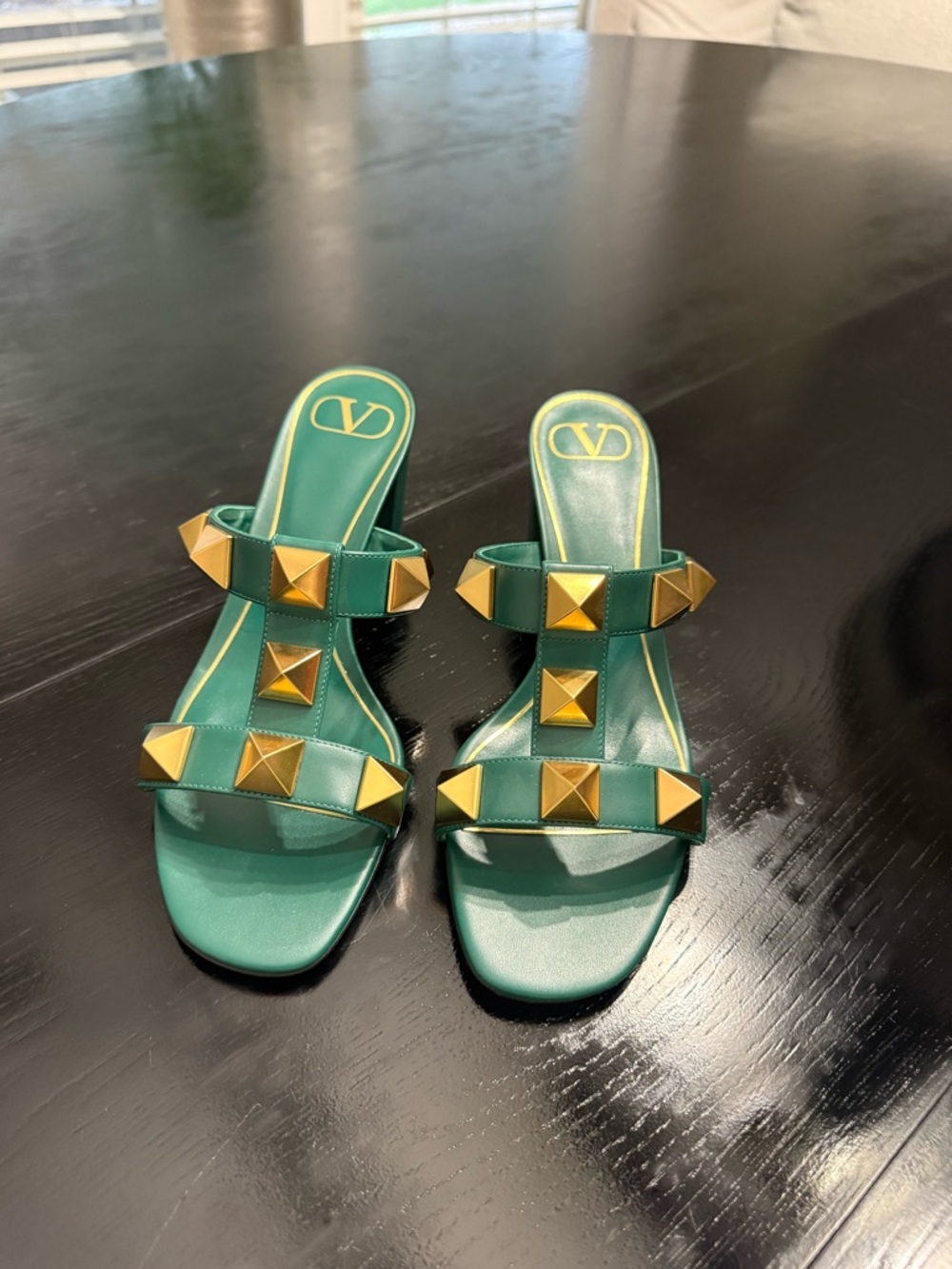 Valentino Garavani Green Leather Rockstud Double-Strap Mules